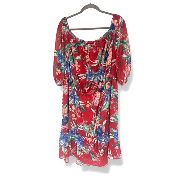 Red Floral Print Off The Shoulder Chiffon High-Low Dress Size 2X 18 20 Plus Size - Picture 3 of 7